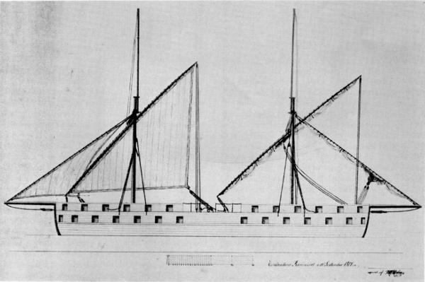 Figure 8.&mdash;Danish copy of original sail plan of Robert
Fulton's Steam Battery, dated September 12, 1817, in Rigsarkivet,
Copenhagen.