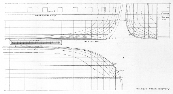 Figure 11.&mdash;Model lines redrawn to outside of plank to
show hydrodynamic form of the Steam Battery.