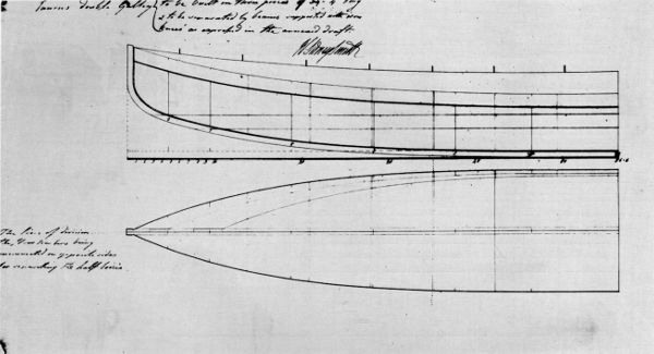 Figure 12.&mdash;General plan of the Taurus, a catamaran
galley gunboat proposed by Sir Sidney Smith, R.N., to the British
Admiralty in the early years of the French Revolution. From the
Admiralty Collection of Draughts, National Maritime Museum, Greenwich.