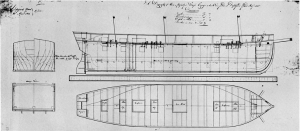 Figure 20.&mdash;Lines of steamer Congo, built in 1815-1816
for the British Admiralty and converted to a sailing survey vessel. From
Admiralty Collection of Draughts, National Maritime Museum, Greenwich.
