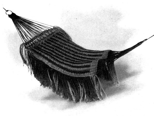 A hammock made from strings of different colors in
lengthwise stripes