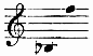 A music staff with a treble clef on the left. Two
quarter notes: B flat below the staff and F on the top line.
