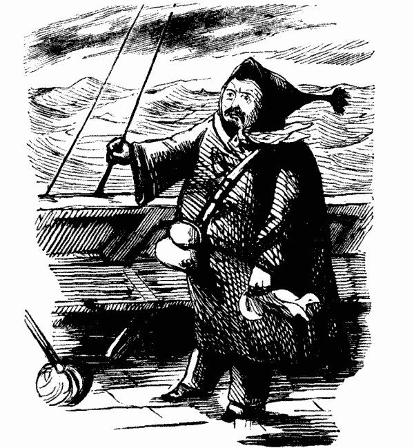 Illustration-Windswept man on deck
of ship