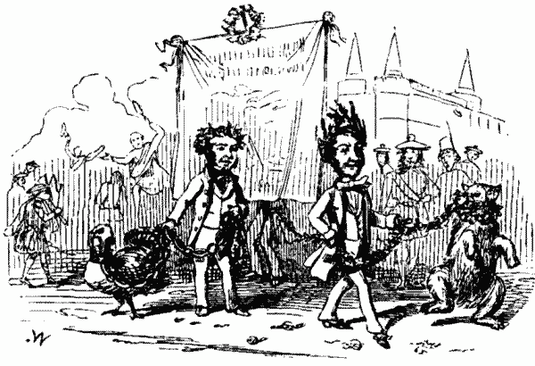 Two men carrying a banner