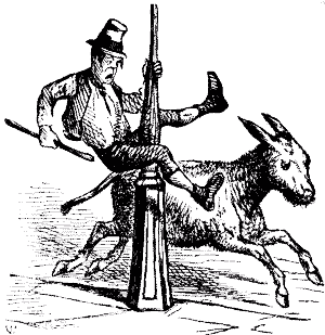 man on donkey colliding with post