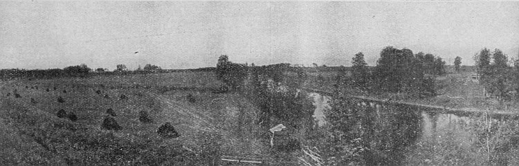 A scene showing farming on a large scale in the park
districts of Western Canada. Water is good and plentiful in this
district.