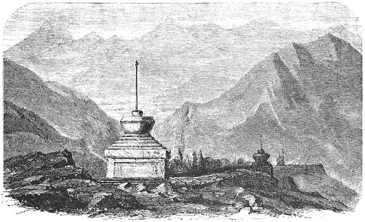 Thibetian Monuments and Wall of Inscribed Stones.
Road to Egnemo.