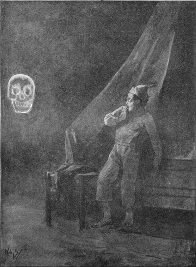 In zijne gedachten zag Bob al, hoe neef Pieter de oogen stijf gericht
hield op het schrikwekkende beeld,.... (pag. 127).