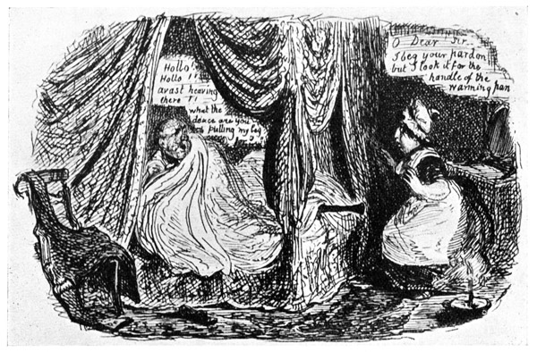 A GENTLEMAN'S REST BROKEN (in consequence of going to bed with his leg
on). From an etching in "Scraps and Sketches," Part i, 1828.