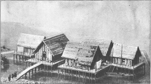 ANCIENT SWISS LAKE DWELLINGS, ZURICH LAKE. (From Design
by Dr. F. Keller.)