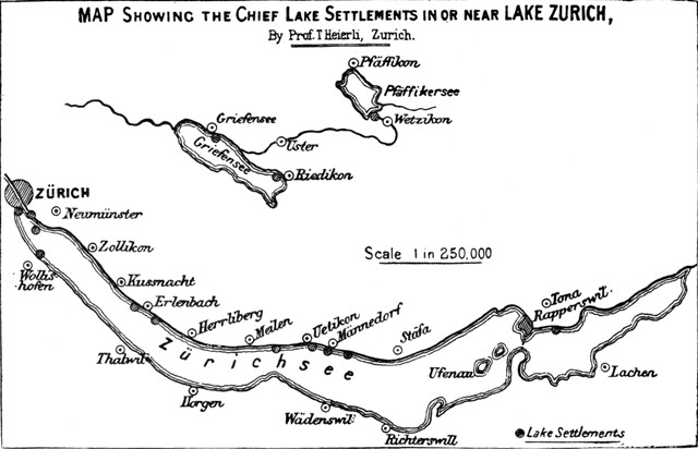 MAP Showing the Chief Lake Settlements in or near LAKE ZURICH, By Prof.
T. Heierli, Zurich.