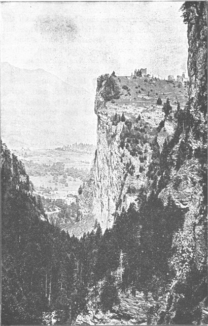 JOHANNISSTEIN, WITH RUINS OF CASTLE OF "HOHENRHÆTIA,"
NEAR THUSIS, GRAUBÜNDEN.

(From a Photograph.)