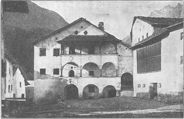 HOUSE (FORMERLY CHAPLE) IN THE ROMAUNSH STYLE, AT SCHULS,
LOWER ENGADINE, GRAUBÜNDEN. (After a Photograph by Guler.)