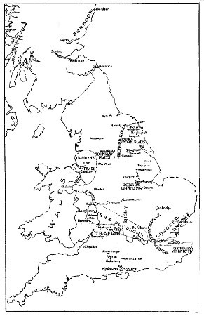 [Names of Middle English texts placed on a map of England
and Wales.]