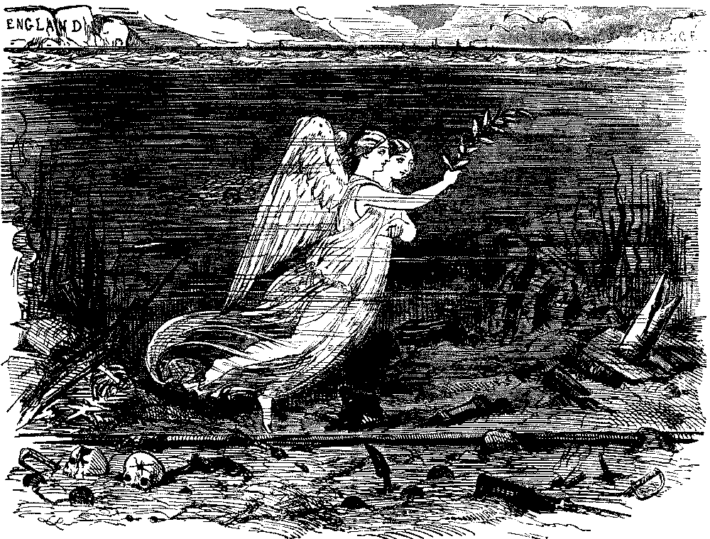 Two angels swimming carrying an olive branch.