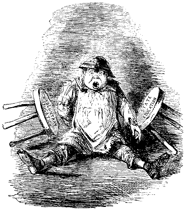 Child sitting between two stools.