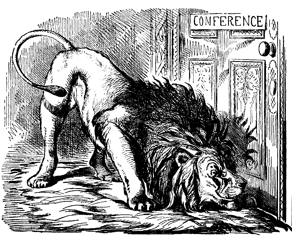 Lion sniffing at conference room door.