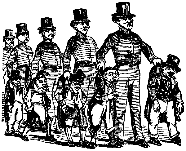 Tall policemen arresting short persons.