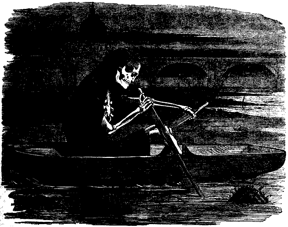 Skeleton rowing a boat.