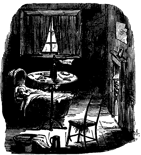 Child's room with bottle labelled opium.