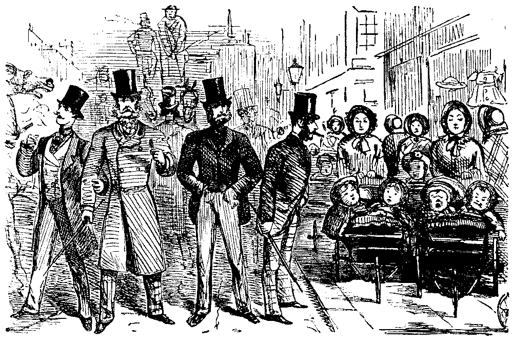 Men pushed aside by women with baby carriages