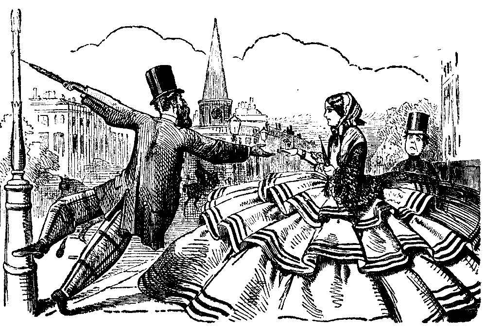 Man reaching to a woman  who is wearing a crinoline dress.