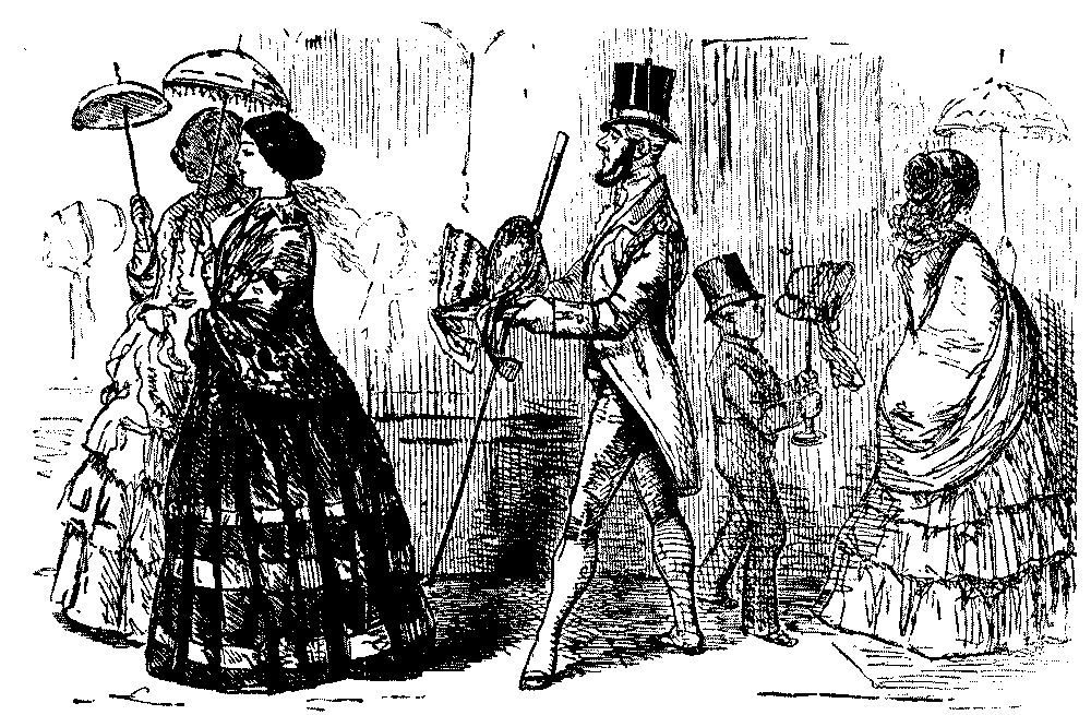 Men, carrying a selection of bonnets, following women.
