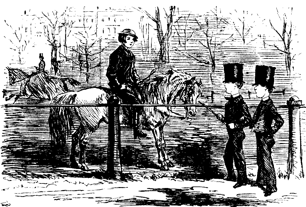 Pair of boys talking to boy on pony
