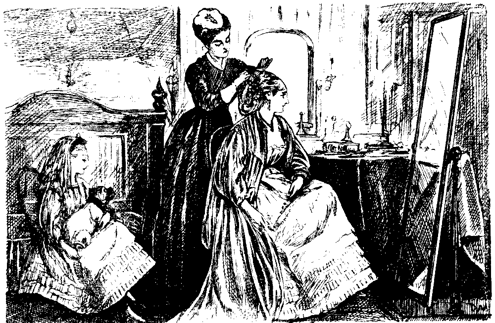 Child holding  dog, talking to her mother.
