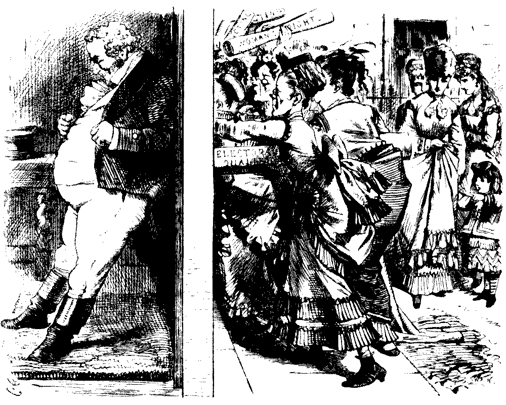 John Bull holding door shut on women