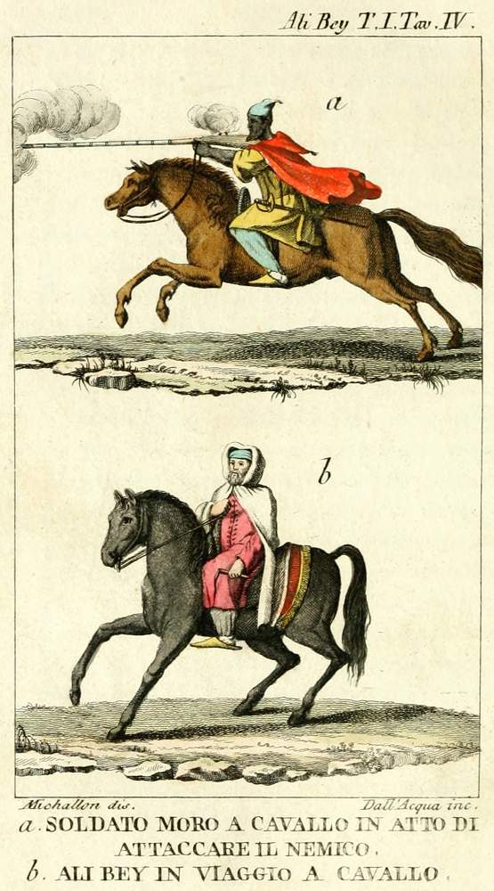 a. SOLDATO MORO A CAVALLO
IN ATTO DI ATTACCARE IL NEMICO. b. ALI BEY IN VIAGGIO A CAVALLO.