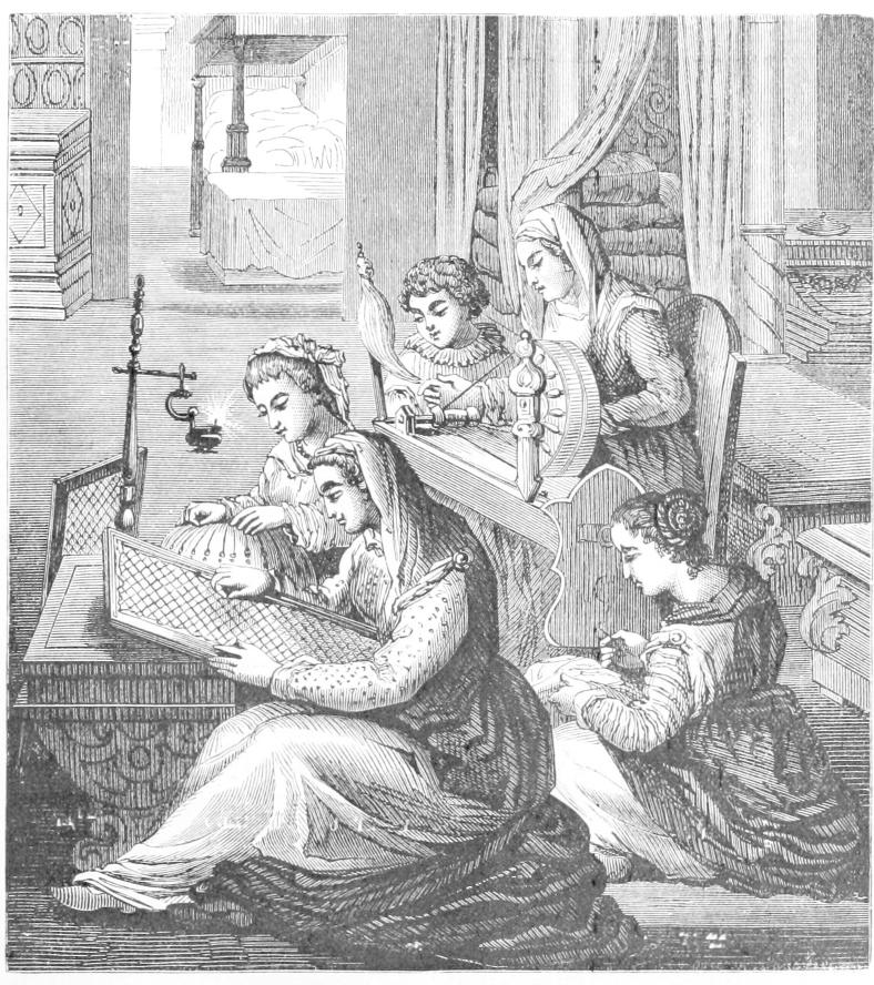 Five women working on pillows and frames
