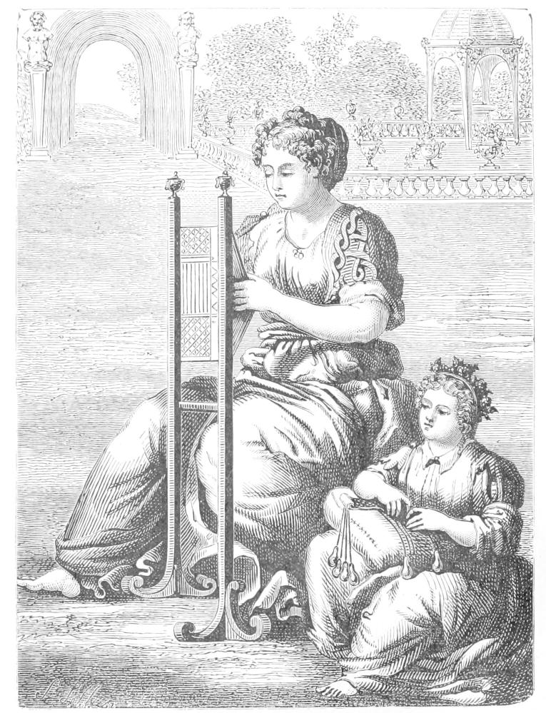 Woman making lace on a frame, girl on a
    pillow