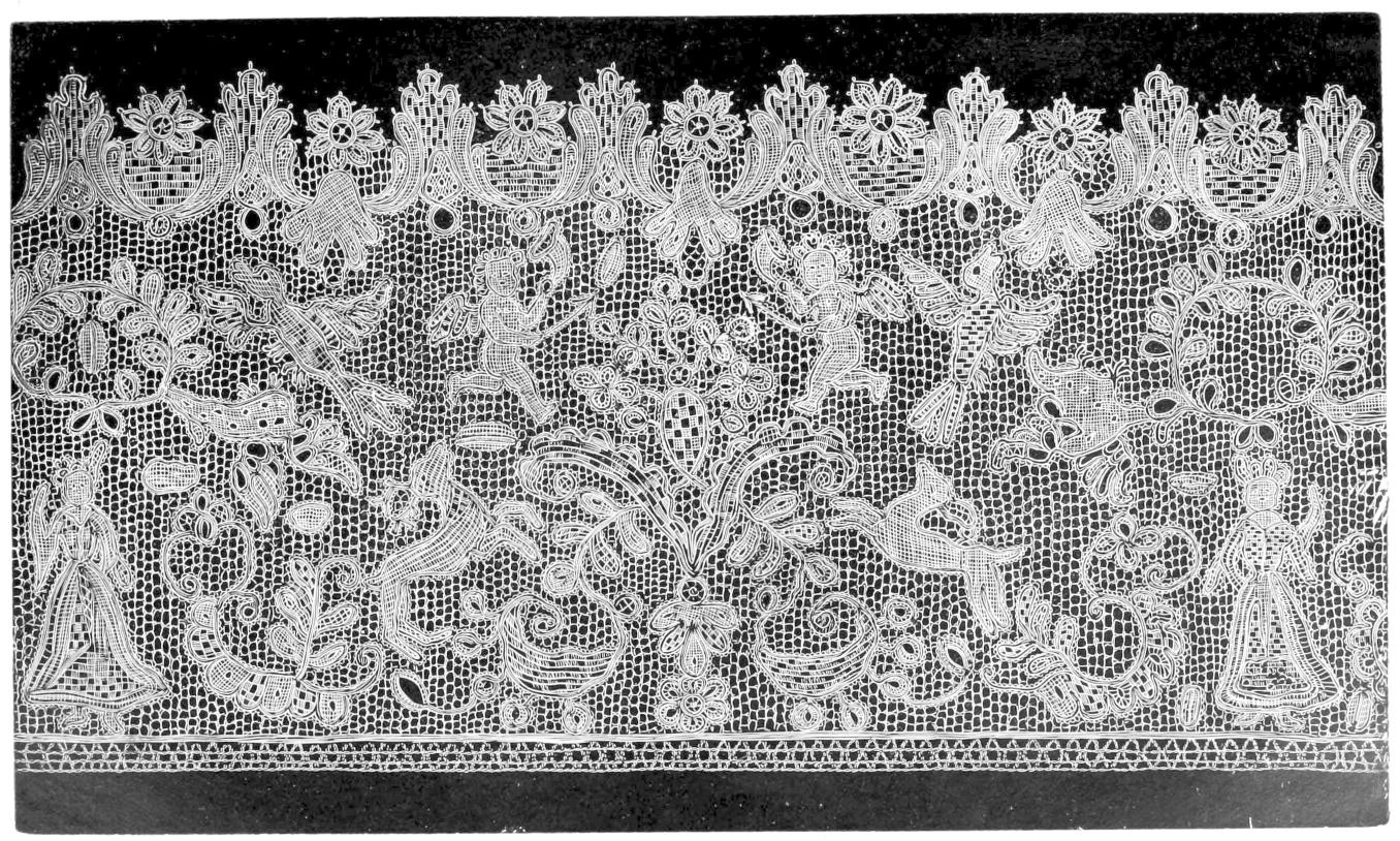 Lace with figures including deer, birds
    and cherubs