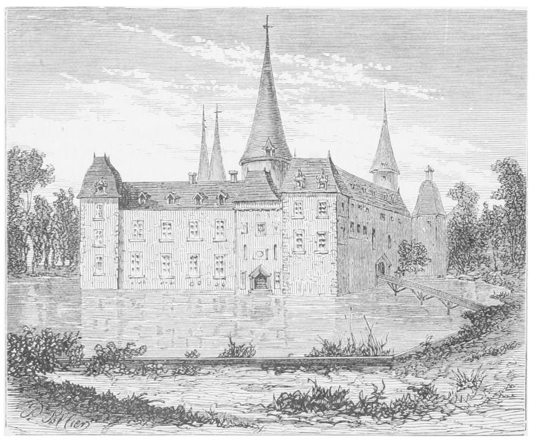 Moated building with conical spires
