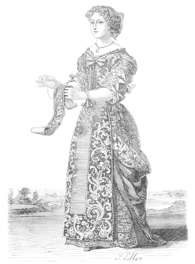Woman wearing long lace-trimeed apron