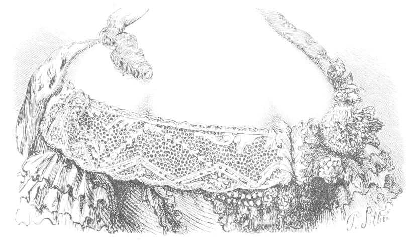 Detail of lace around woman's neck-line