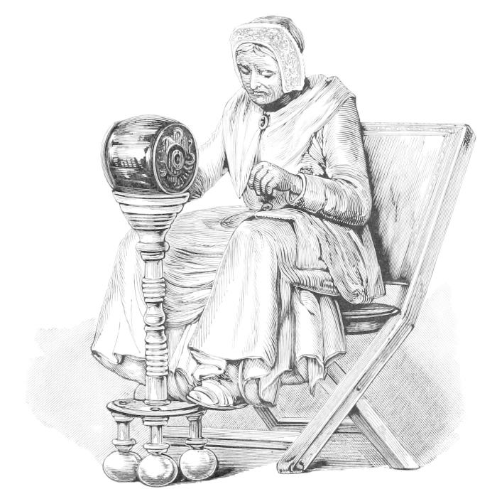 Statuette of woman with raised lace
    making drum