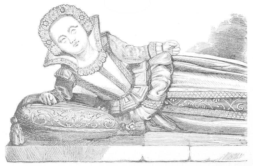 Memorial sculpture of reclining lady
    with lace head-dress