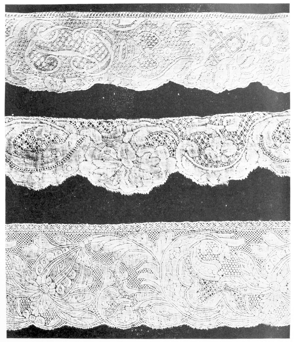 Three strips of densely patterned lace