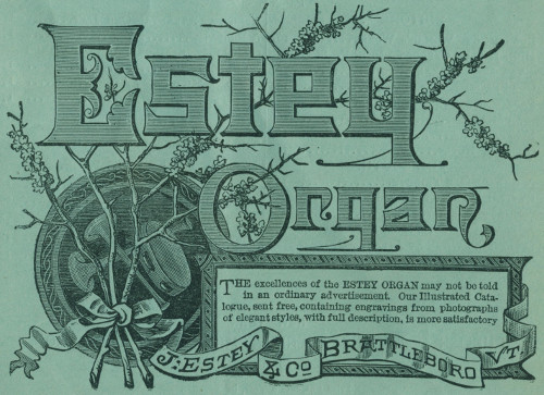 Estey Organ
The excellences of the ESTEY ORGAN may not be told in an ordinary
advertisement. Our Illustrated Catalogue, sent free, containing
engravings from photographs of elegant styles, with full
description, is more satisfactory
J: Estey & Co Brattleboro Vt.