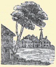 Decorative graphic of building with tree, and houses with church
in background