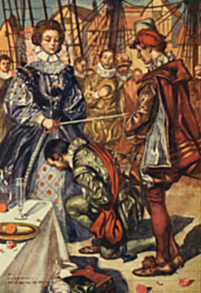 Queen Elizabeth knighting Drake on board the
‘Golden Hind’ at Deptford