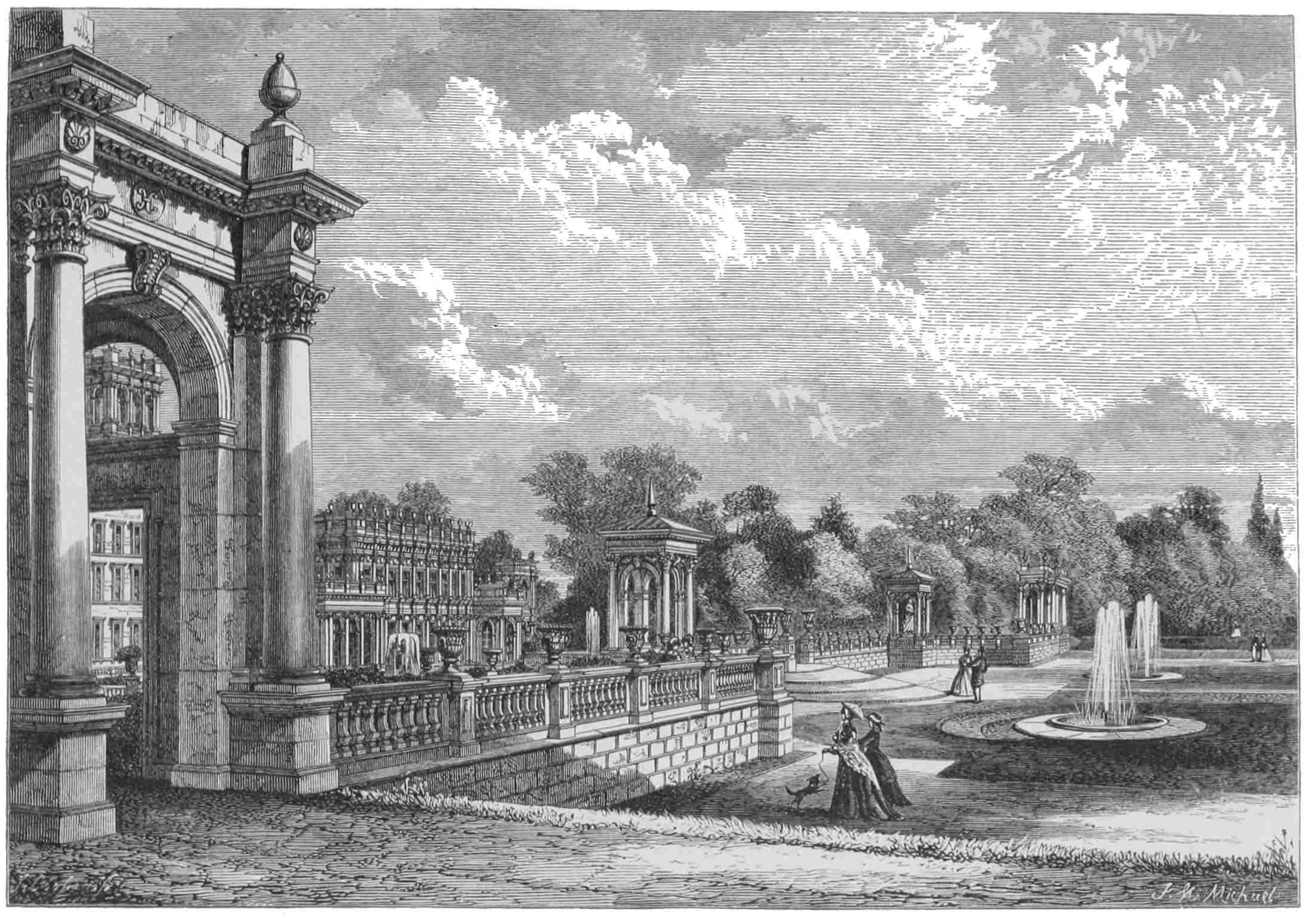 TRENTHAM HALL, STAFFORDSHIRE.

VIEW OF GARDEN FRONT, AS ALTERED, WITH TERRACED GARDEN, PAVILION, &c.