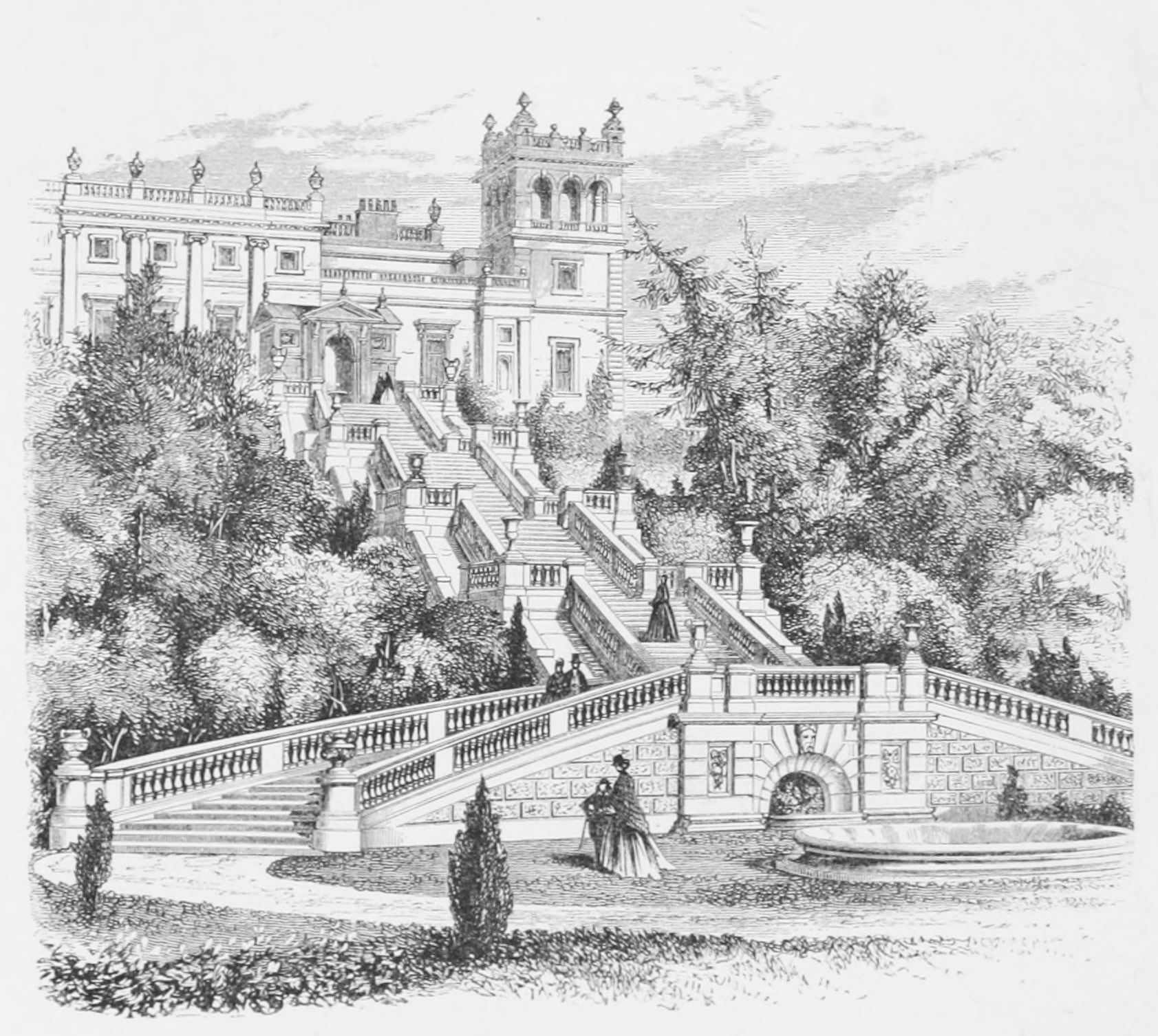 SHRUBLAND PARK, SUFFOLK.

VIEW OF THE GARDEN FRONT AS ALTERED, AND OF THE NEW STEPS AND TERRACES
TO GARDENS.
