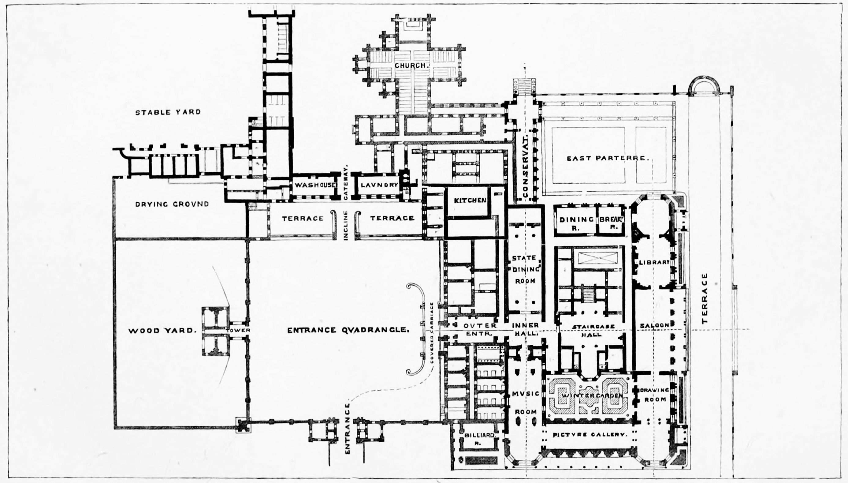 CLUMBER HOUSE, NOTTINGHAMSHIRE.

PLAN OF GROUND FLOOR, SHEWING SUGGESTED ALTERATIONS. THE PROPOSED
ALTERATIONS ARE ETCHED IN LIGHT TINT.