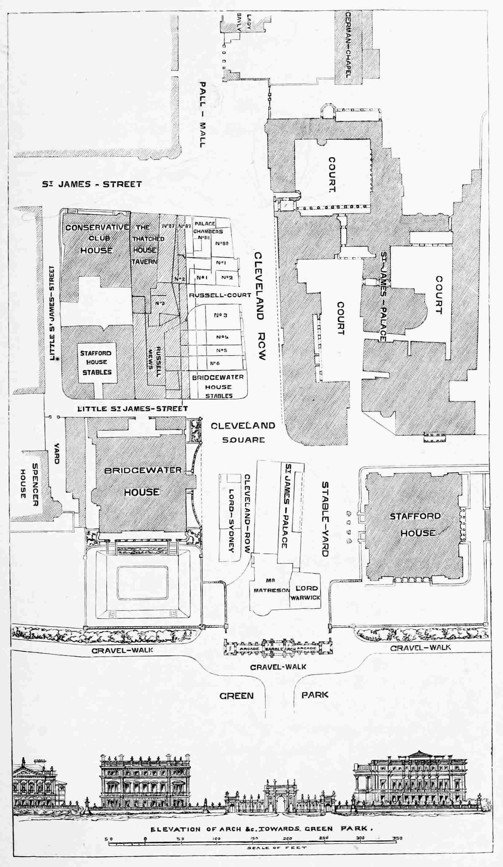 PLAN AND ELEVATION OF SUGGESTED CONTINUATION OF PALL MALL
TO THE GREEN PARK.