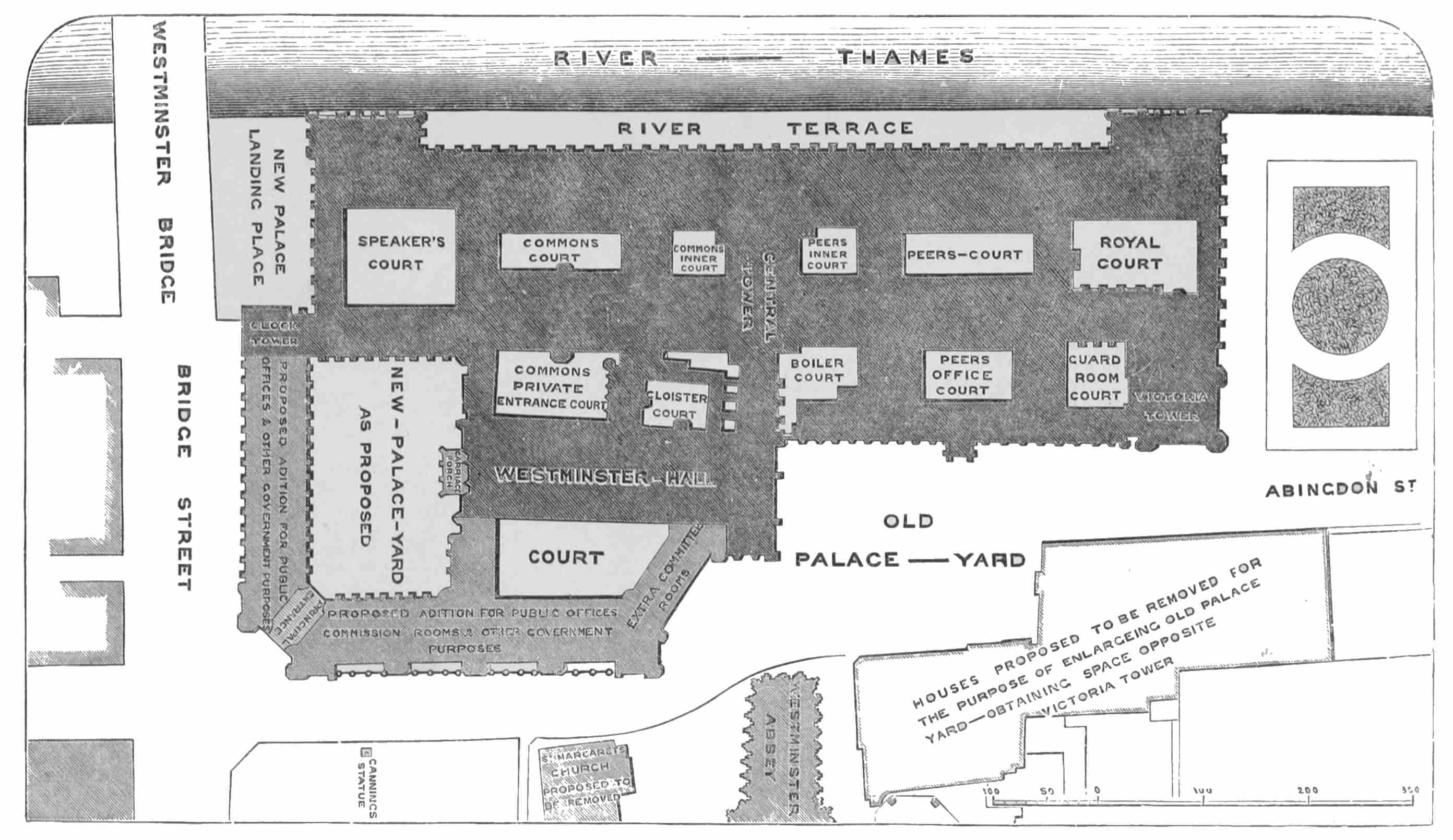 NEW PALACE AT WESTMINSTER.

BLOCK PLAN SHOWING SIR CHARLES BARRY’S PROPOSAL FOR ENCLOSING NEW PALACE
YARD AND FOR NEW BUILDINGS ON SITE OF THE COURTS OF LAW.

THE BUILDING AS EXECUTED IS SHOWN BY THE DARK TINT.