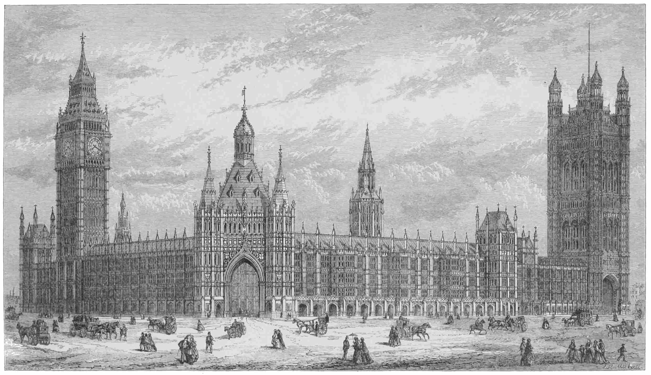 NEW PALACE AT WESTMINSTER.

VIEW, FROM THE SOUTH-EAST, OF SIR CHARLES BARRY’S PROPOSED ADDITIONAL
BUILDINGS ON THE SITE OF THE PRESENT COURTS OF LAW, AND ENCLOSING NEW
PALACE YARD.