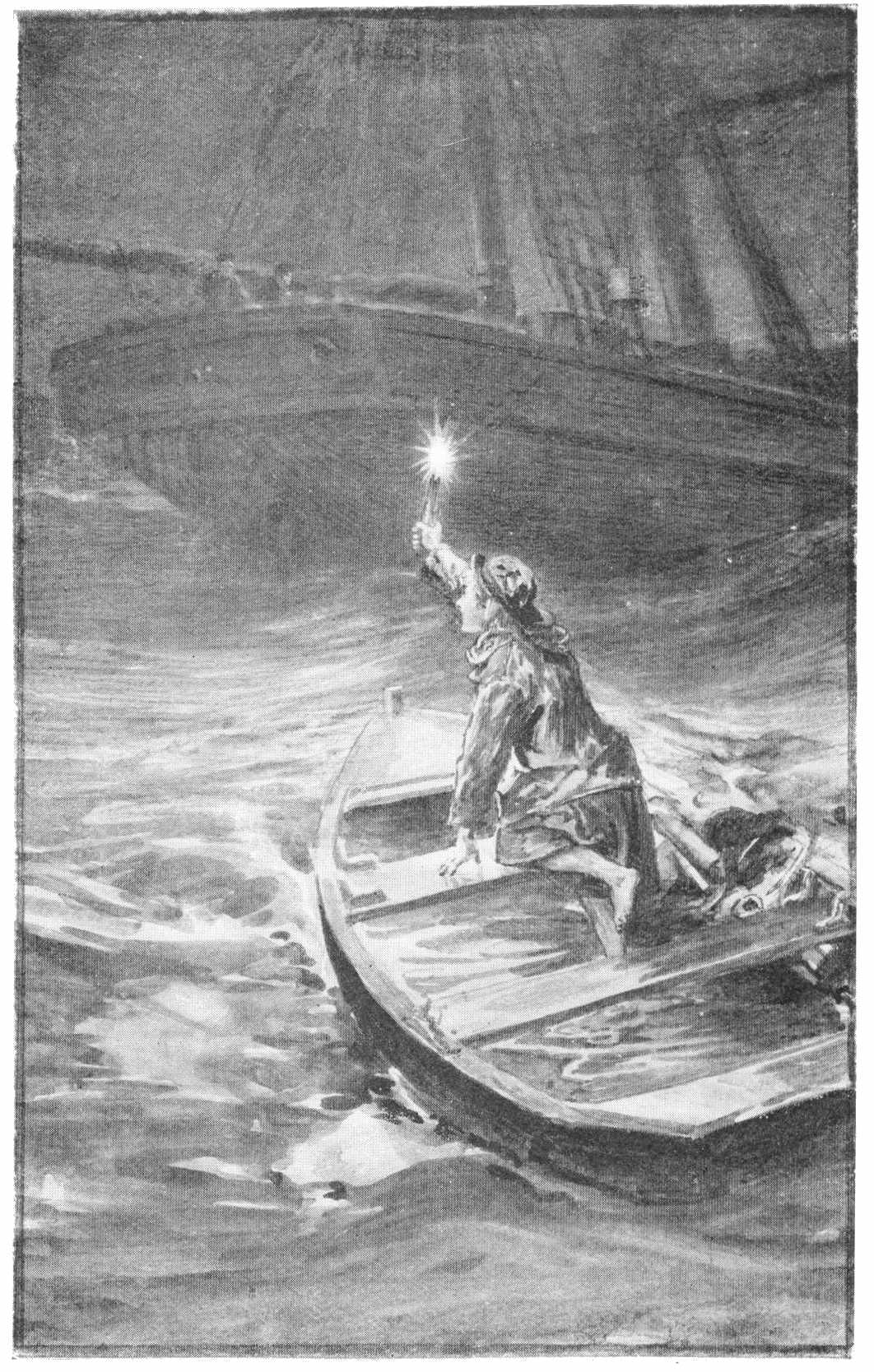 Presently the black hull of the bark was looming within
fifty yards over her.